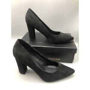 IDIFU Women's IN4 Chunky-HI Block High Heels Pointed Toe Pumps Black Suede Sz 10